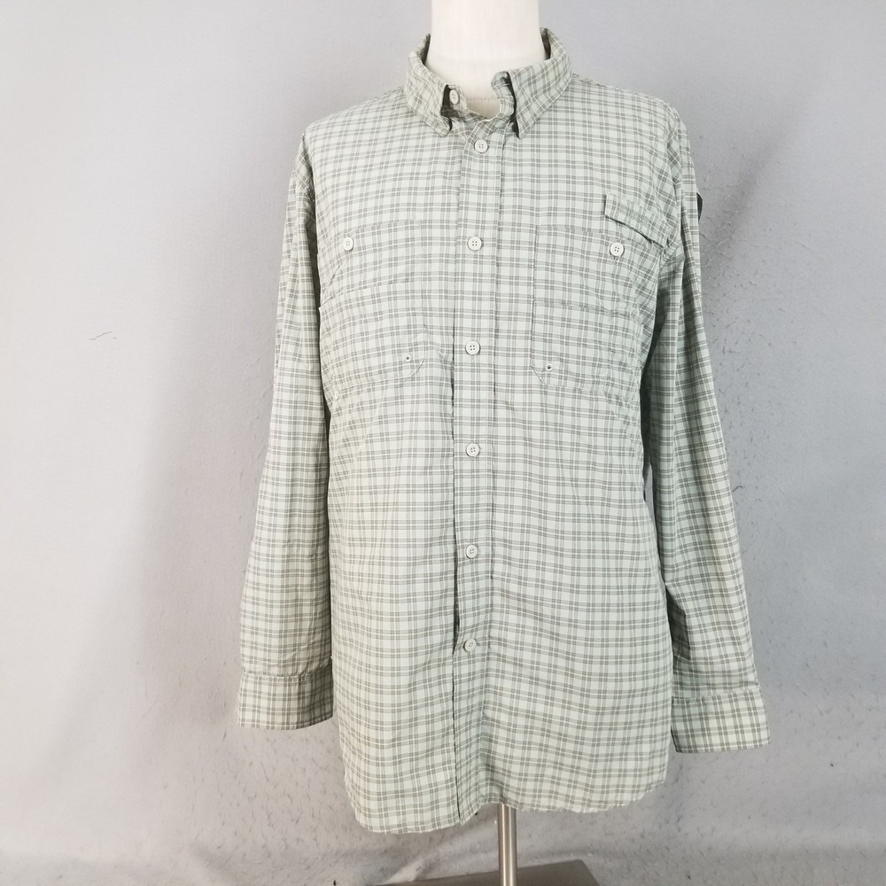 Outdoor Life Fishing Shirt Mens XL Green Plaid Long Sleeve Vented Nylon Hiking